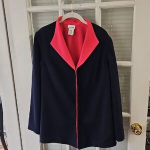 Liz Baker Navy Jacket / Blazer with Coral Lining. Sz L. EUC